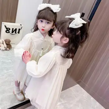 Meiteņu Qipao Kleitu Pavasarī Un Rudenī 2023 Jaunu Hanfu Bērnu Moderns Bērnu Long Piedurknēm Baltā Imitācija Zīda Vasaras Plānas S