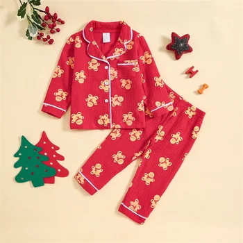 BeQeuewll Mazulis Meitenes Zēni Ziemassvētku Pidžamu Komplekts Piparkūkas Cilvēks Drukas Garām Piedurknēm Topi Garās Bikses 2 Gabali Atpūtas Uzvalks Sleepwear