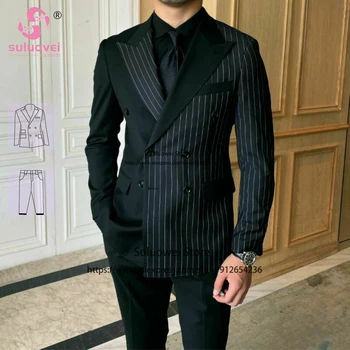 Modes Līmēšana Stila Svītrainām Uzvalki Vīriešiem Pielāgota Slim Fit 2 Gabals Bikses Uzstādīt Oficiālu Līgavaiņiem Kāzu Dubultā Krūtīm, Tuxedos