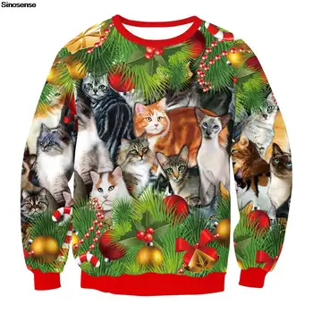 Vīrieši Sievietes Neglīts Ziemassvētku Džemperis Džemperis Jaunā Gada Priekšvakarā Brīvdienu Puse Džemperi, Topi 3D Funny Kaķis Iespiesti Crewneck Xmas sporta Krekls