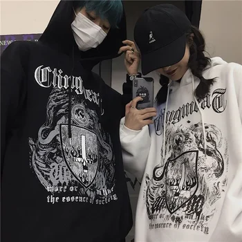 Gothic kapuci sporta Krekls Pāris Drukāts Krekli Rudens Ziemas Jauno korejas High Street Hip-hop Mīksti Plīša Jaka Top Apģērbs