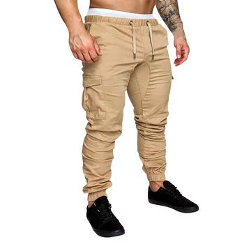 Jauns Vīriešu Ikdienas Biksēm Elastīgs Viduklis Kokvilnas Multi Pocket tīrtoņa Krāsu Kravas Skriešanas Fitnesa Bikses