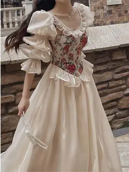 Francija Vintage Izšuvumi Vakara Puse Kleita 2023 Rudens Laternu Piedurknēm Princese Pasaku Vestidos Sieviešu Korejas Ruffles Drēbes