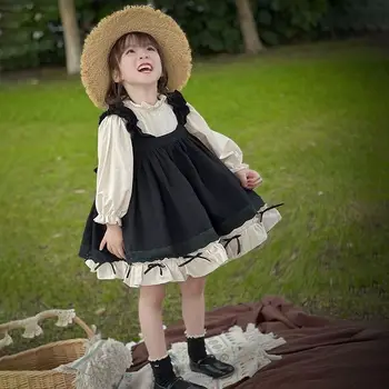 Meitene Kleita Uzvalks 2022 Jaunā Pavasara Rudens Modes Stila Bērnu Princese Mežģīnes Backless Slīdēšanas Kleitu Lolita Svārki Ar Garām Piedurknēm Augšu