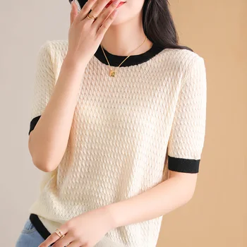 2023 Vasarā Jauns Sieviešu T-krekls korejas Izdevums Trikotāža Īsām Piedurknēm Gadījuma Zaudēt Sieviešu Top Apaļu Kakla T-krekls Modes Brīvs