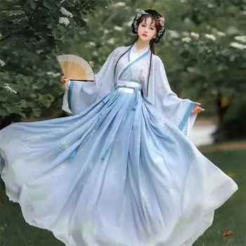 Hanfu Sieviešu Tradicionālo Ķīniešu Izšuvumi Skatuves Deju Kleitu Sieviešu Pasaku Cosplay Kostīmu Hanfu Slīpumu, Zilās Un Zaļās Sievietēm