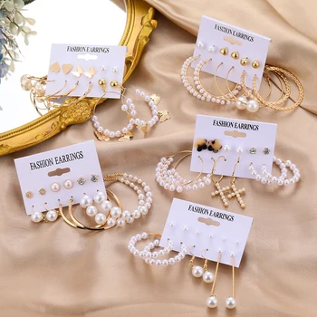 VKME Vintage Pērles Stīpas Auskari Sievietēm, Liels Zelta Krāsas Krusts Komplekts, Auskari Ilgi Pušķis Tauriņš Vilināt Earings Rotaslietas
