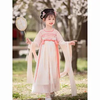 Hanfu Rozā Bērnu Ikdienas Uzlabošanai Meitenēm Vasaras Etnisko Stilu, Bērnu Super Elegants Ru Svārki Seno Kleitu