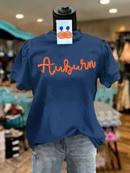 Auburn Diegu Izšuvumi Gadījuma Puff Piedurknēm Top Sieviešu Apģērbu AuburnCasual T-Krekli, Sieviešu Topi Apģērbi 2023 Jaunpienācēji