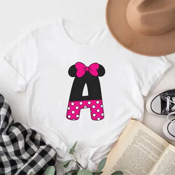 Minnie Mouse Drukas T krekls Sievietēm, Pasūtījuma Nosaukums Burtu Kombinācija Sieviešu Augstas Kvalitātes T-krekls Disney Burtu A-Z Īsām Piedurknēm Tshirt