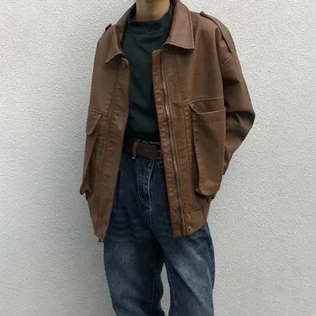 Vintage Bomber Ādas Motociklu Jaka Streetwear Mīksti Ādas Mētelis Ar Garām Piedurknēm Ar Rāvējslēdzēju Korejas Modes Vīriešu Apģērbu, Virsdrēbju