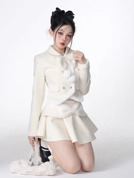 Jaunas Ielidošanas korejiešu Stilā Salds Gadījuma 2 Gabals, kas 3D Loku Silts Slim Mētelis Un Elegants Mini Svārki Uzvalks Modes Apģērbi Sievietēm