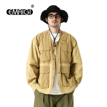 Vīrieši Japāņu Streetwear Modes Multi Pocket Vintage Zaudēt Garām Piedurknēm Gadījuma Āra Kravas Krekli Jaka Cityboy Blūzes