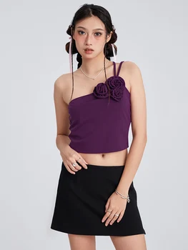 Sieviešu Vienu Plecu Tops bez Piedurknēm Backless 3D Ziedu Kamzolis Tvertnes Augšpusē Krekls Puse Klubs