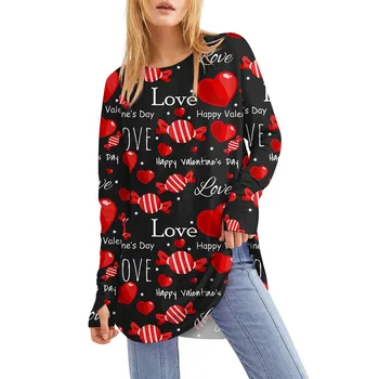 Sieviešu Valentīna Dienā Drukāt Apaļu Kakla Zaudēt Long Piedurknēm Vidēja Garuma Caurs Īkšķi T-krekls Top Apaļu kakla džemperis 2024