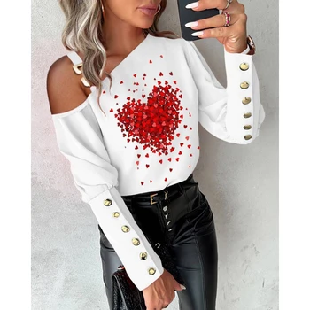 Sievietes Sirds Drukāt Eleganta Baltā Blūze Auksti Plecu Ķēde Dekors Top Buttoned Dizaina Gigot Piedurknēm Ikdienas Krekli Modes 2024