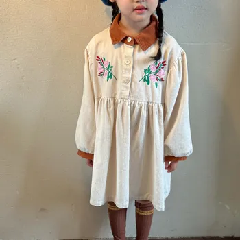Maz Meiteņu Kleitas Gudrs garām Piedurknēm Velveta Kleita Baby Toddler Bērniem, Meitenēm, korejiešu Stilā Vintage Izšuvumi tērpu Kritums