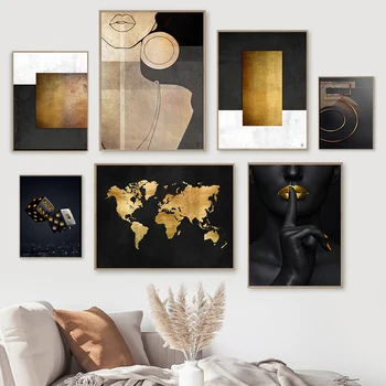 Mūsdienu Anotācija Melnā Zelta Ģeometriskā Sieviete Pasaules Kartes, Plakāti Sienas Mākslas Audekls Gleznas Izdrukāt Attēlu, Dzīvojamās Istabas Interjera Dekori