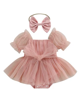Baby Girl Vasaras Apģērbs ar Īsām Piedurknēm Priekšgala Priekšā Romper Tilla Kleita ar Galvas Komplekts 2gab Drēbes