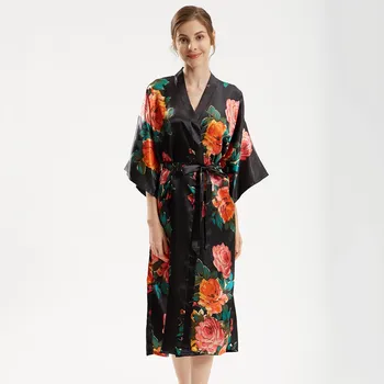 Liela Izmēra Satīna Drēbes Iespiests Ziedu Sieviešu Peldmētelis Sleepwear Līgavas Zaudēt Kimono, Vanna Kleita Naktsveļu Sexy Ilgi Viskozes Naktskrekls