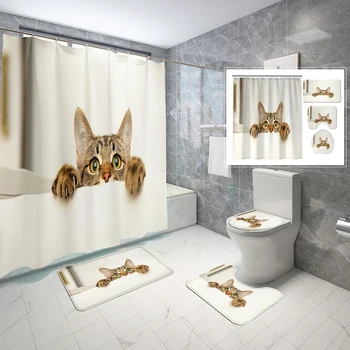 4 Gab. 3D Funny Kaķis Stils Dušas Aizkars Kaķēns uz Balta Galda, Vannas istaba ar neslīdošu Vannas Paklājiņš Tualetes Vāka Dušas Aizkaru Komplekts