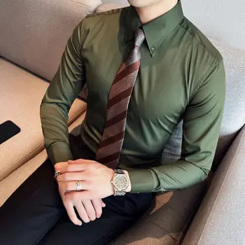 Grezns Vīriešu garām Piedurknēm Krekli 2023 Jaunā Pavasara Vasaras Biznesa Augšējā Rieva izturīgs pret Ne-dzelzs vienkrāsainu Vīriešu Apģērbu H52