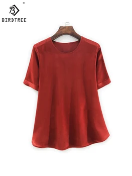 Birdtree Universāls Pamata 100% Dabīgs Mulberry Zīds Top Sieviešu Satīna Zīda Īsām Piedurknēm T-krekls tīrtoņa Krāsu Apaļu Kakla T37029QD