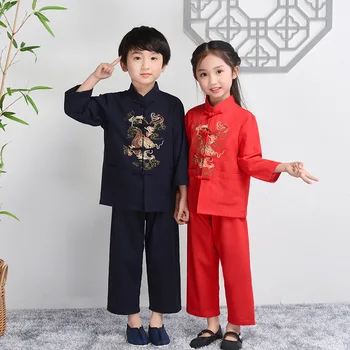 Zēns Kokvilnas Līnijas Tang Drēbes ar garām Piedurknēm Hanfu Uzstādīt Bērnu Ķīniešu Stila Krekls&bikses 2gab Apģērbs Izšūt Pūķis Kongfu Kostīms
