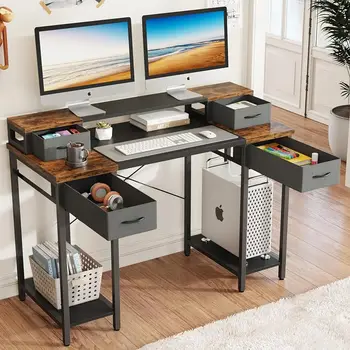 YAOHUOO 48 Collu Datoru, galdu ar divu Monitoru Statīvi, Biroja Galds ar 4 Audumu Atvilktnes un CPU Stāvēt
