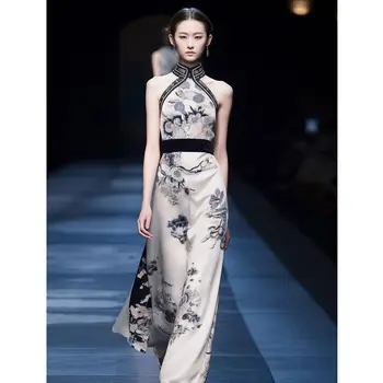 Seno Stila Qipao Drēbes bez Piedurknēm Dziesmu Stila Ķīniešu Stilā Cheongsam Uzlabota Hanfu Tintes glezna Modelis bez Piedurknēm Cheongsam